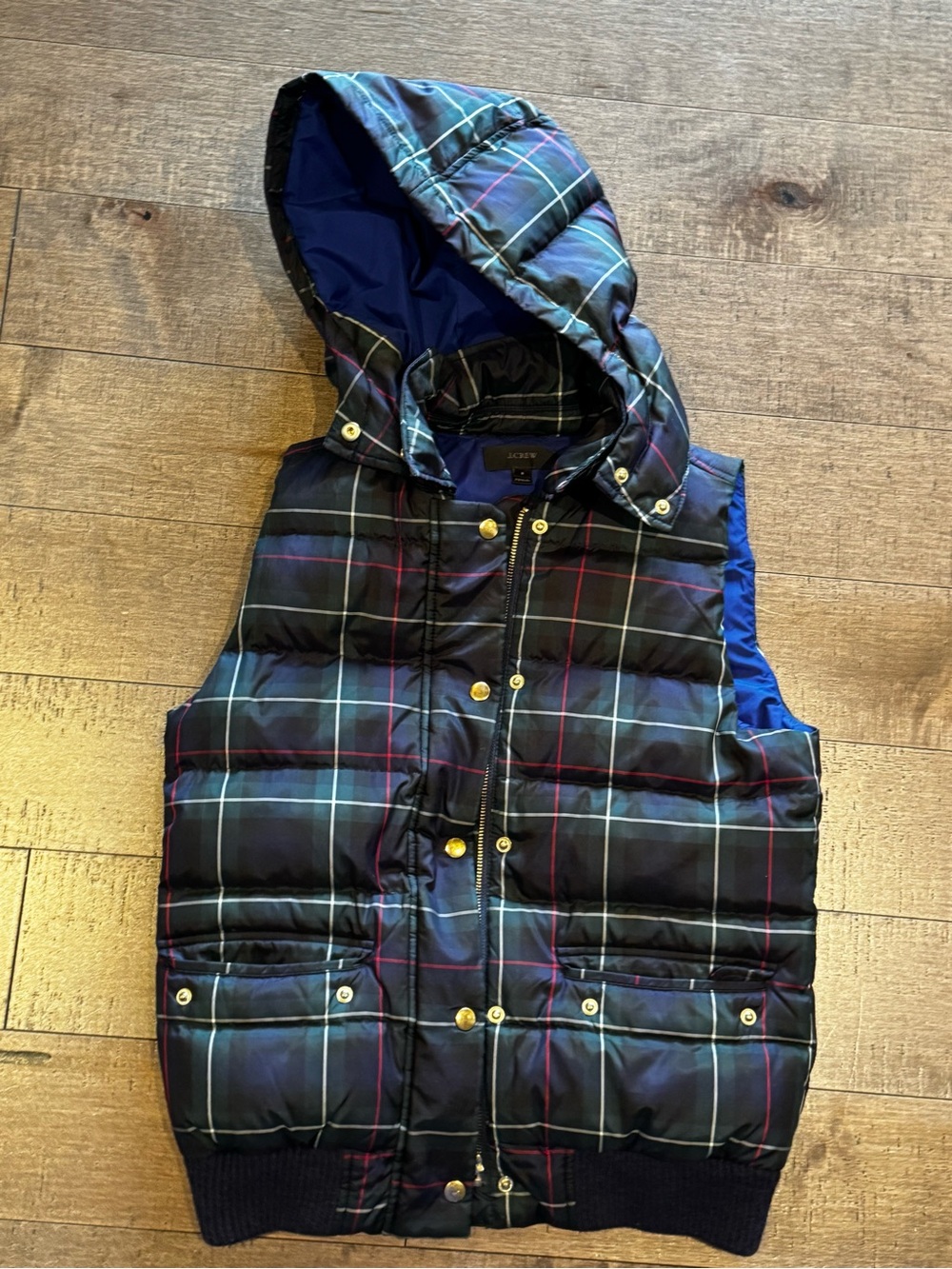 J. Crew Navy Plaid Quilted Hooded Vest